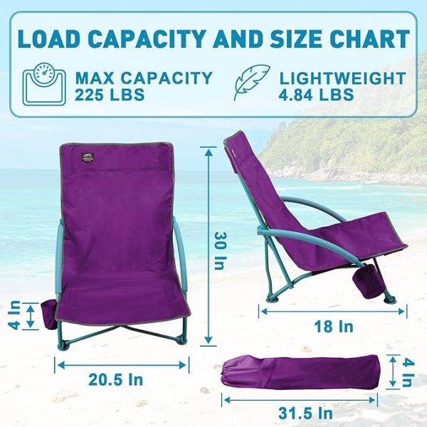 LANMOUNTAIN 2 Pack Low Beach Chair,Folding Recliner Camping Chair for Adults,Lightweight Backpacking Low Seat Camping Chairs with Cup Holder, Carry Bag for Outdoor Camp Lawn Picnic - Image 4