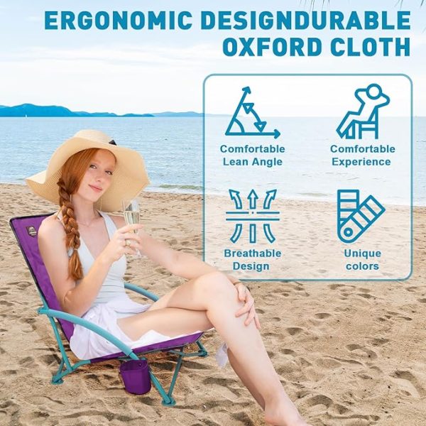 LANMOUNTAIN 2 Pack Low Beach Chair,Folding Recliner Camping Chair for Adults,Lightweight Backpacking Low Seat Camping Chairs with Cup Holder, Carry Bag for Outdoor Camp Lawn Picnic - Image 2